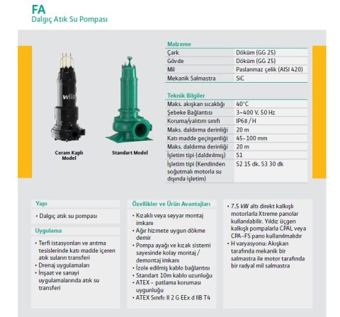 WİLO FA 10.33-238E + T 17-4/16H Ex   6.5kW 380V  DN 100  DÖKÜM GÖVDELİ FLANŞLI  ATIK SU DALGIÇ POMPA