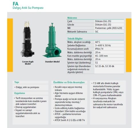 WİLO FA 10.82-245E + T 17.2-4/24H Ex   10kW 380V  DN 100  DÖKÜM GÖVDELİ FLANŞLI  ATIK SU DALGIÇ POMPA