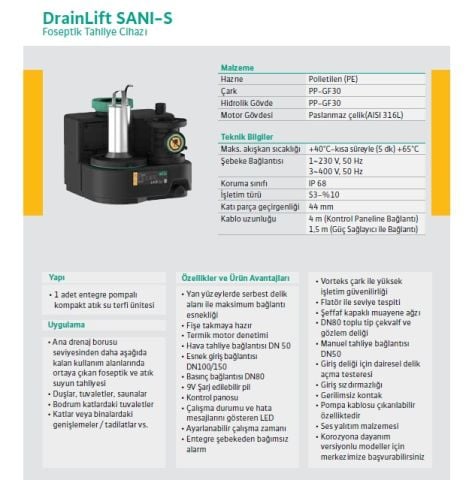 WİLO Drainlift SANI-S  S.11T/1   0.75kW 380V  ENTEGRE POMPALI KOMPAKT FOSEPTİK ATIK SU TAHLİYE CİHAZI (TERFİ ÜNİTESİ)