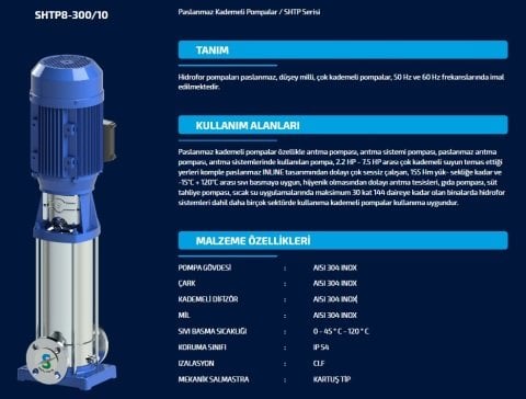 SUMAK SHTP16-750/14 7.5 HP 380W DÜŞEY MİLLİ KADEMELİ KOMPLE PASLANMAZ POMPA