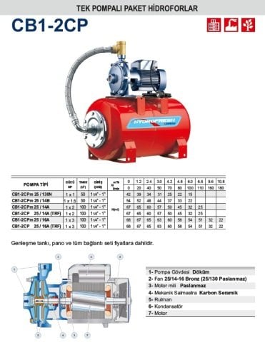 Pedrollo CB1-2CP  25/14A (TRF)  1X2Hp 380V  Tanklı Paket Hidrofor