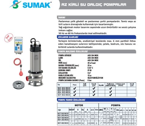 SUMAK, SDF 20/2 İNOX, 2.2HP, 220V, PASLANMAZ GÖVDELİ, AZ KİRLİ SU DALGIÇ POMPASI