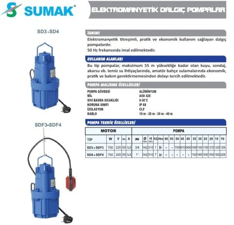 SUMAK SD3 3/4\'\' 10 MT KABLOLU DALGIÇ POMPA