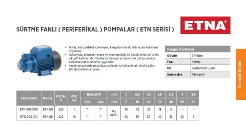 Etna  ETN 80 1Hp 220V  Sürtme Fanlı Preferikal Pompa