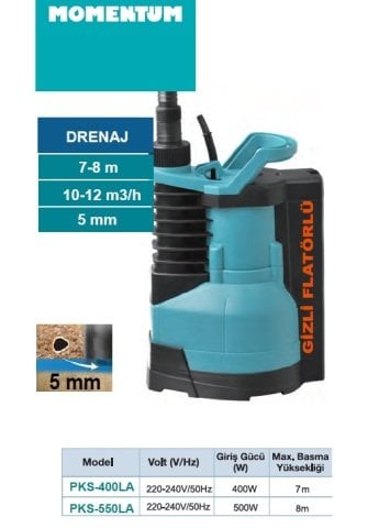 MOMENTUM PKS-550LA -500W-220V- PLASTİK GÖVDELİ GİZLİ FLATÖRLÜ TEMİZ SU DALGIÇ DRENAJ POMPASI