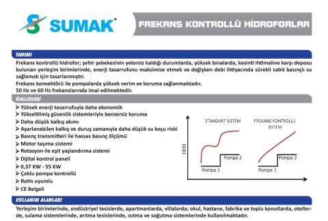 SUMAK, SHT6C 180/10 PFK, 3x1.35 KW, 380V, 2900 d/d, FREKANS KONTROLLÜ, ÜÇ POMPALI HİDROFOR