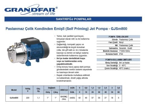 Grandfar  GJSm800  1.1Hp 220V  Paslanmaz Çelik Gövdeli Kendinden Emişli Jet Pompa