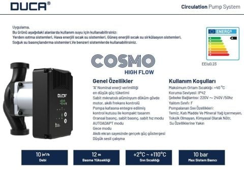 DUCA, COSMO-C 25-12-180, DÖKÜM GÖVDELİ, FREKANS KONTROLLÜ SİRKÜLASYON POMPASI