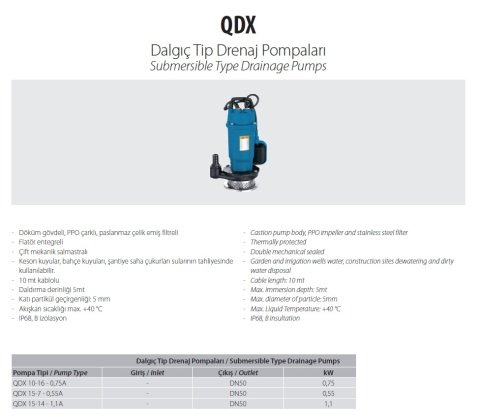 Aquastrong QDX 15-7-0.55A        0.55kW 220V  Döküm Gövdeli  Drenaj Dalgıç Pompa (Keson Kuyu)