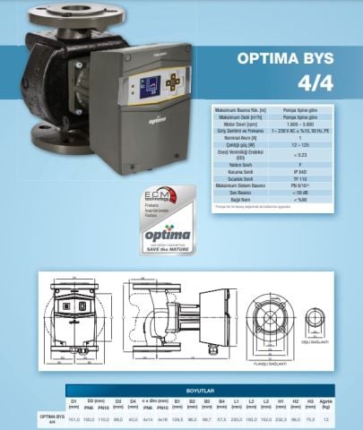 ALARKO OPTIMA BYS 4/4  FLANŞLI  TİP FREKANS KONTROLLÜ SİRKÜLASYON POMPASI - DİJİTAL EKRAN