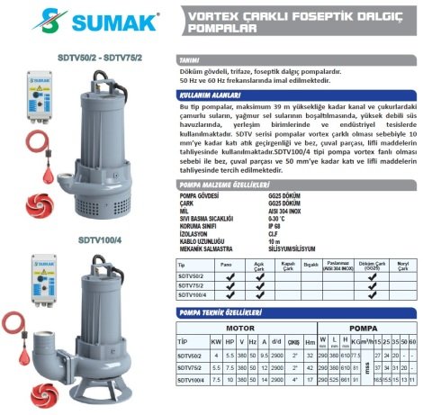 SUMAK SDTV 40/2 4HP 380v Açık Fanlı Pis Su Dalgıç Pompa