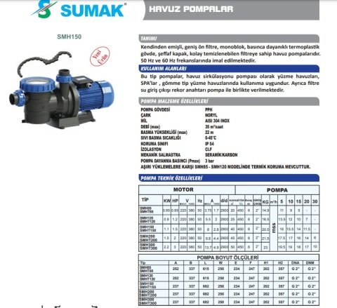 SUMAK SMHT85   0.85Hp 380v Ön Filtreli Havuz Pompası