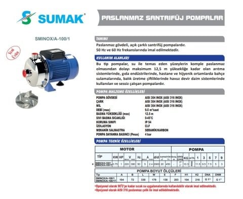 Sumak SMINOX/A-100/1   1Hp 220V  Paslanmaz Santrifüj Pompa