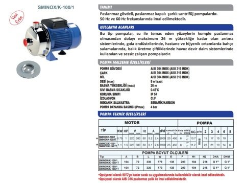 Sumak SMINOX/K-100/1  1Hp 220V  Paslanmaz Santrifüj Pompa