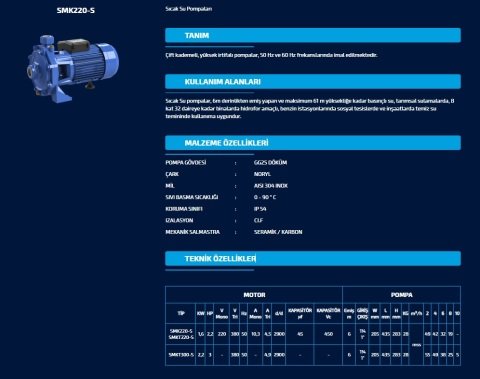 SUMAK SMK220-S 220V 2.2 HP ÇİFT KADEMELİ SICAK SU SANTRİFÜJ POMPA