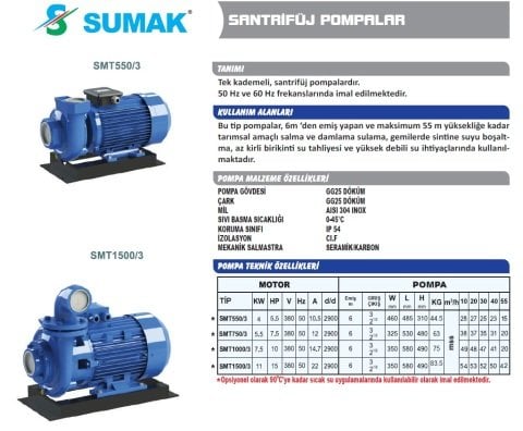 SUMAK SMT 1000/3 10 HP 380V SANTRİFÜJ POMPA
