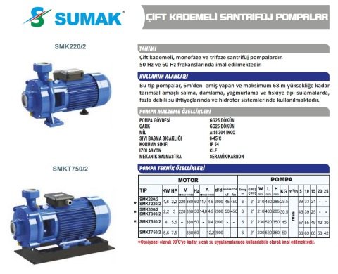 SUMAK SMK 220/2 2.2 HP 220 V ÇİFT KADEMELİ SANTRİFÜJ POMPA