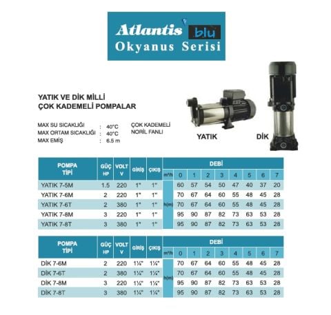 ATLANTİS DİK 7-6T -2 HP-380V-  DİK MİLLİ ÇOK KADEMELİ NORİL FANLI SANTRİFÜJ POMPA (GİRİŞ-ÇIKIŞ: 1¼'')