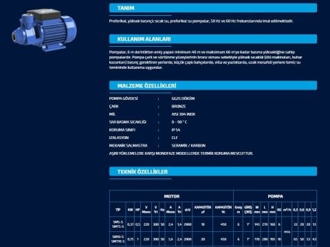 Sumak SMT5-S   0.5Hp 380V  Sıcak Su Preferikal Pompa
