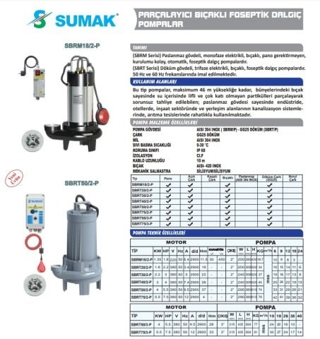SUMAK SBRT 75/2 P 7.5Hp 380v Bıçaklı Foseptik Dalgıç Pompa (parçalayıcılı)